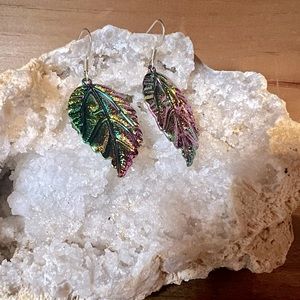 Oil slick leaf earrings 1.5 in